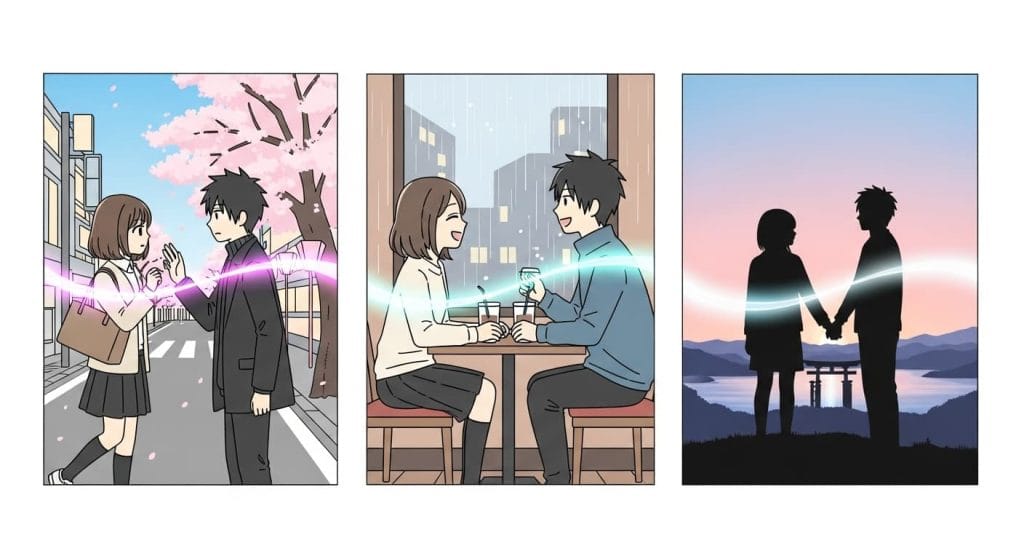 赤い糸で結ばれた男女の3場面のイラスト